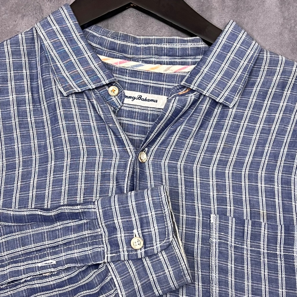 Tommy Bahama Button Front Shirt Mens XL Blue White Linen Tencel Striped